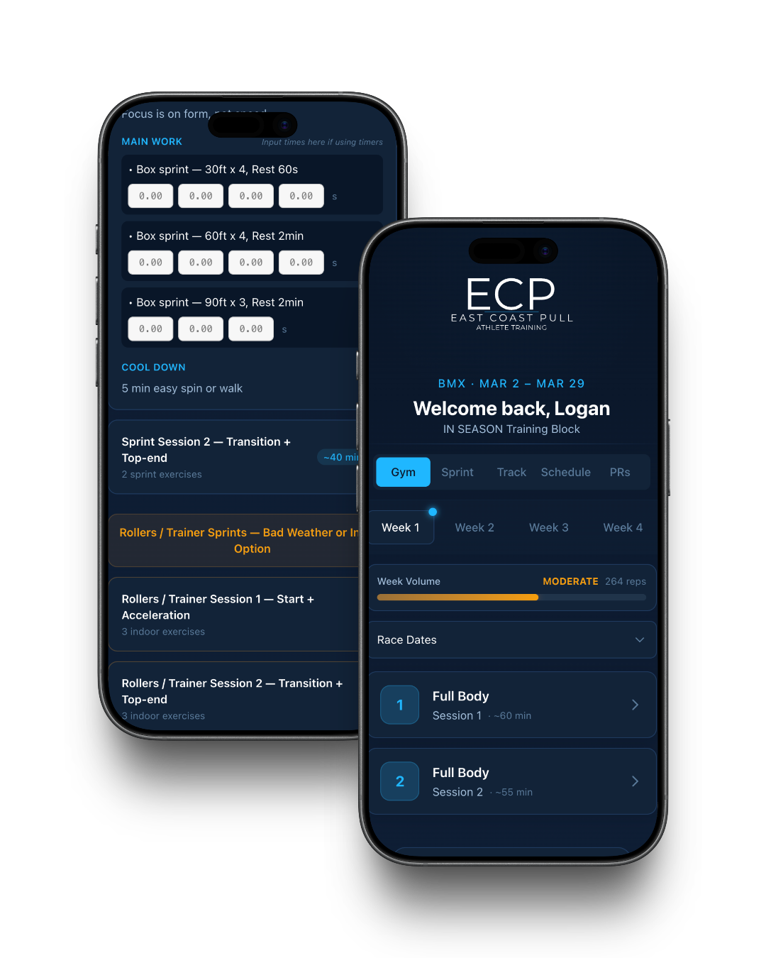 ECP App — Training dashboard with gym sessions, volume tracking, and race dates